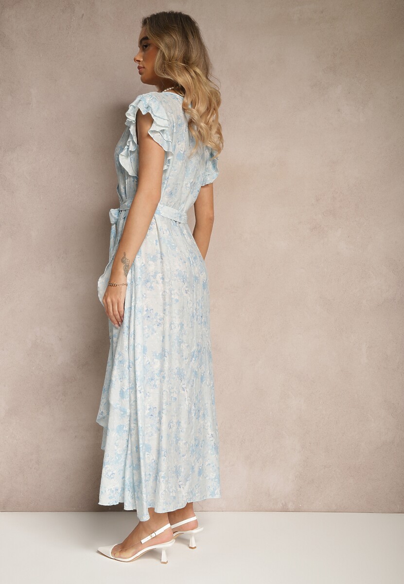 Niebieska Asymetryczna Sukienka z Bawełny z Falbankami i Kwiatowym Printem Lommea