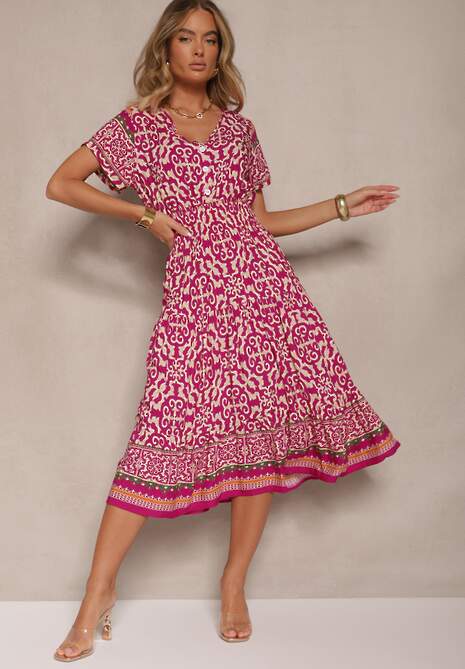 Fioletowa Sukienka z Bawełny Ozdobiona Ornamentnym Motywem Fillena