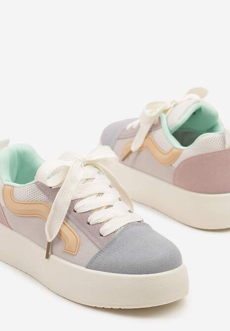 Niebiesko-Beżowe Sneakersy na Platformie z Geometrycznym Wzorem Kornelna