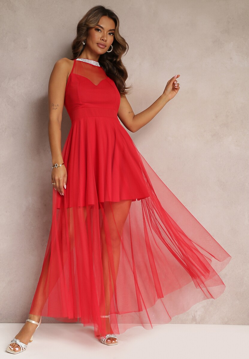 Różowa Maxi Sukienka o Rozkloszowanym Fasonie z Długim Tiulem i Ozdobnymi Cyrkoniami Amorah