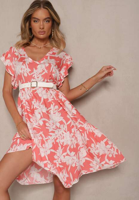 Różowa Kwiatowa Rozkloszowana Sukienka z Bawełny Liravira