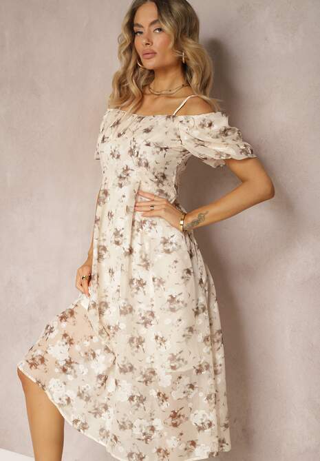 Beżowa Sukienka w Kwiecisty Wzór z Bufkami w Ramionach i Hiszpańskim Dekoltem Nibbia