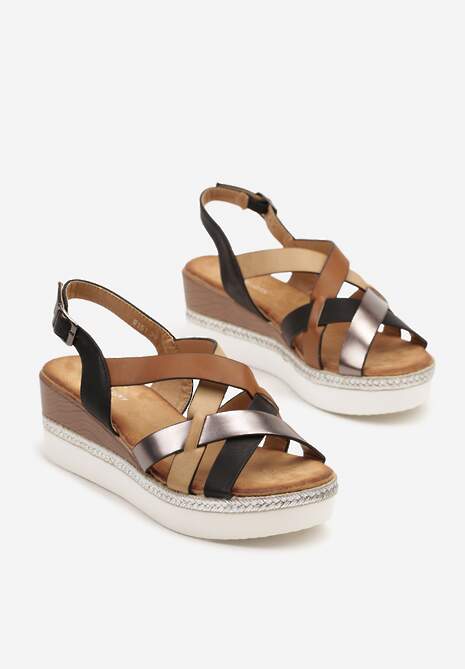 Czarne Przeplatane Sandały na Koturnie z Plecionym Zdobieniem Zialenna