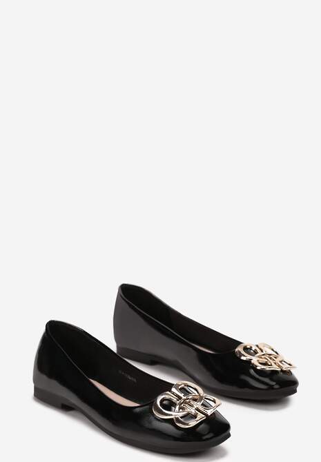 Czarne Lakierowane Balerinki z Geometryczną Klamerką Korbisa