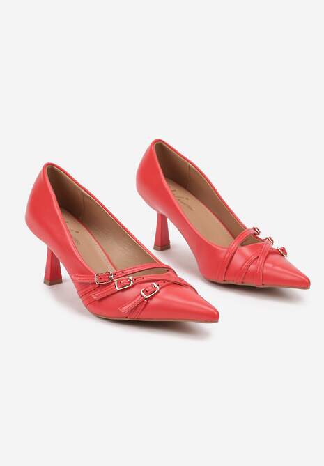 Czerwone Czółenka na Obcasie Stiletto z Ozdobnymi Sprzączkami Arstelora