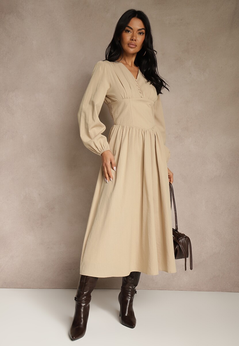 Beżowa Gorsetowa Sukienka z Wiskozą z Guzikami i Bufiastymi Rękawami Ahlite