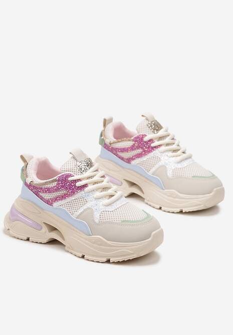 Beżowo-Różowe Sneakersy na Grubej Podeszwie z Siateczką i Błyszczącymi Detalami Xernnia