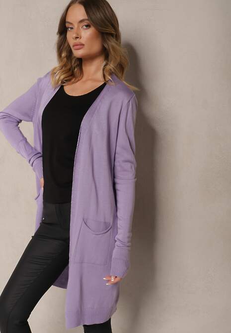 Fioletowy Kardigan Bez Zapięć o Prostym Kroju ze Wsuwanymi Kieszonkami Torinia
