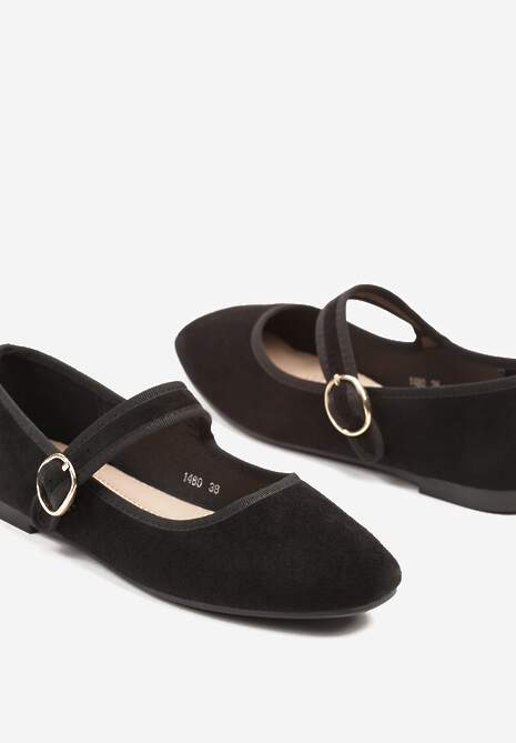Czarne Balerinki w Stylu Mary Jane z Imitacji Zamszu Lisalira