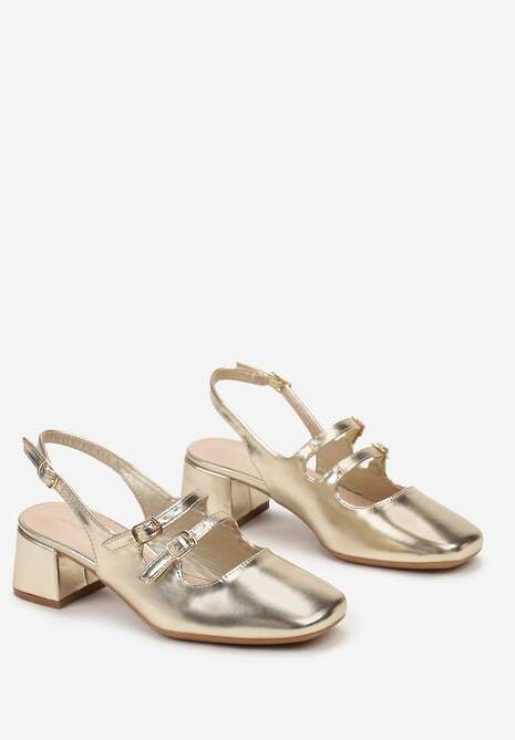 Złote Czółenka z Imitacji Skóry ze Sprzączkami na Niskim Słupku Anelive