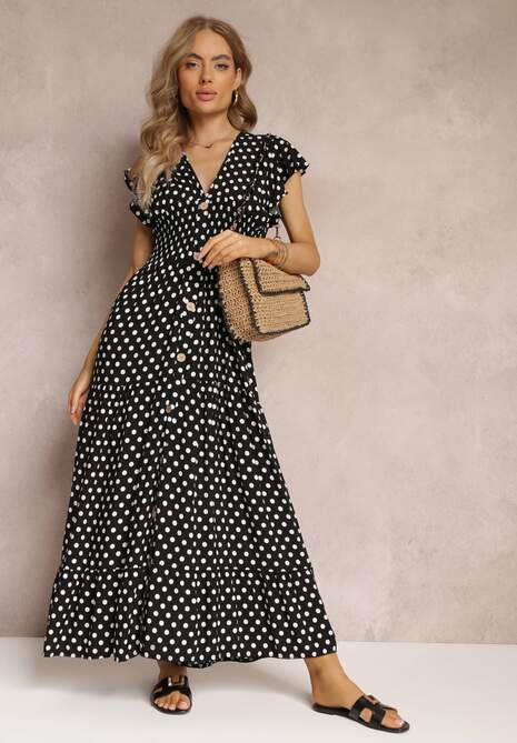 Czarna Rozkloszowana Sukienka Maxi w Kropki z Gumką w Talii Janey