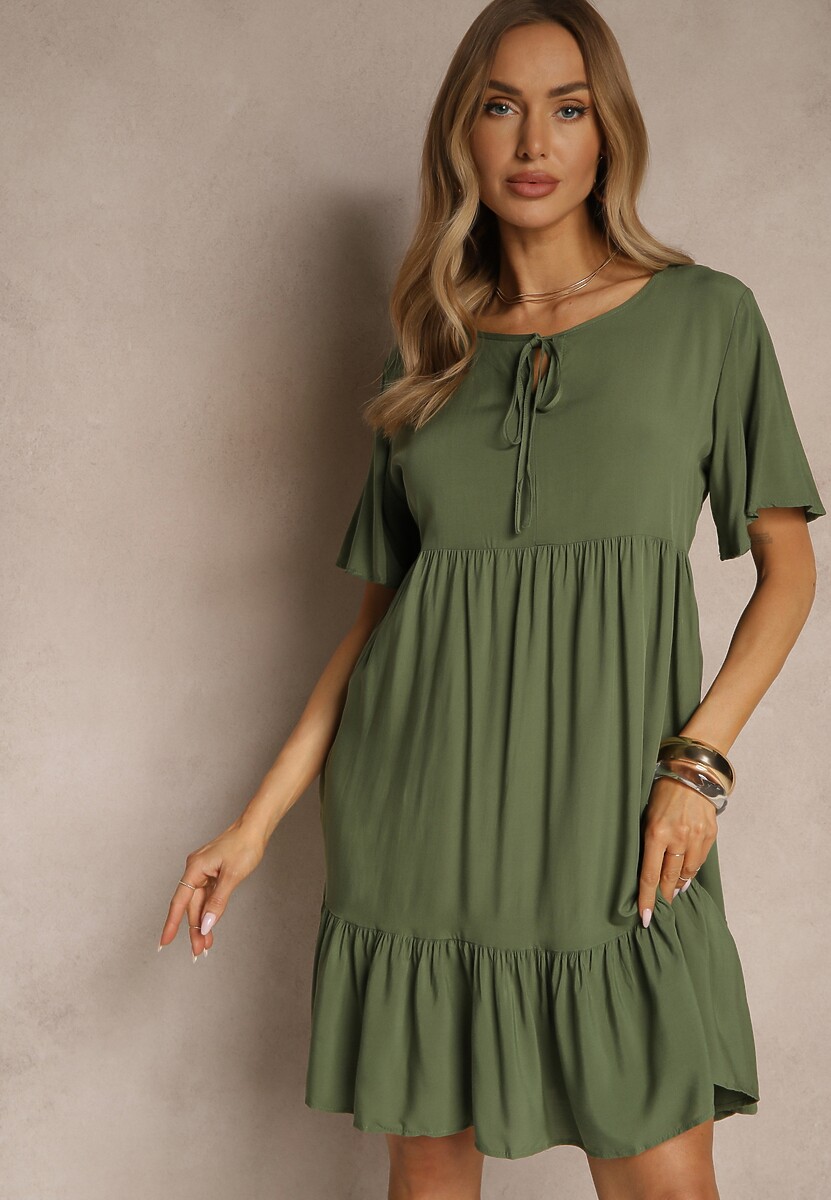 Czarna Bawełniana Sukienka Rozkloszowana z Wiązaniem przy Dekolcie Mepova