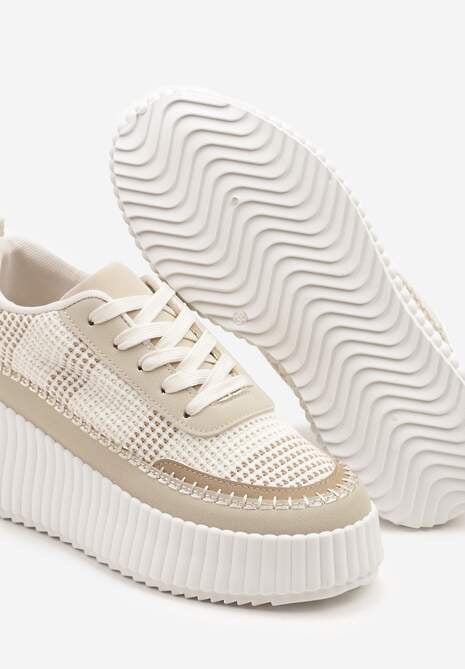 Beżowe Sneakersy na Tłoczonej Platformie z Ozdobnymi Przeszyciami Faloviela
