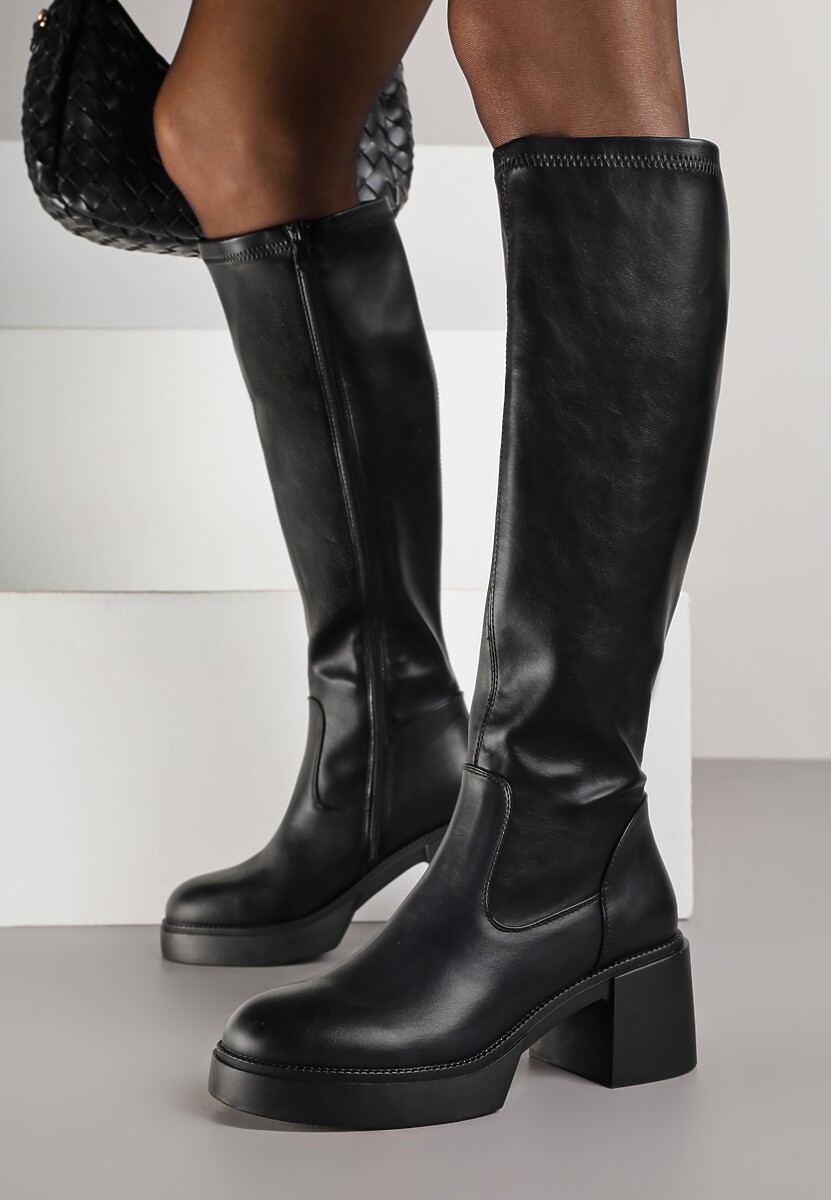 Czarne Kozaki Przed Kolano z Ekoskóry na Słupku Zapinane na Zamek Stallata