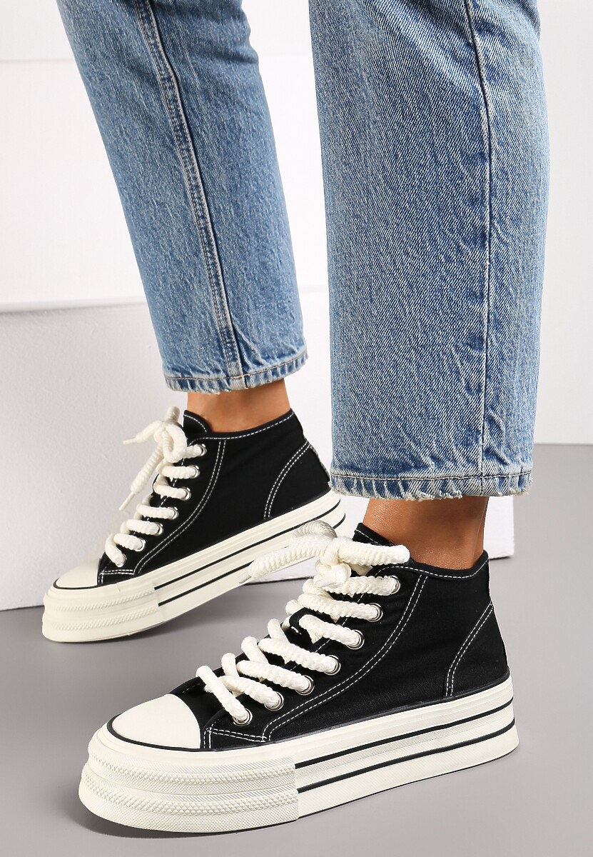 Czarne Trampki za Kostkę na Grubej Podeszwie Lisei