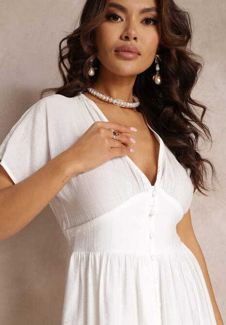 Biała Taliowana Sukienka Szmizjerka Mini z Głębokim Dekoltem i Falbanką Nentri