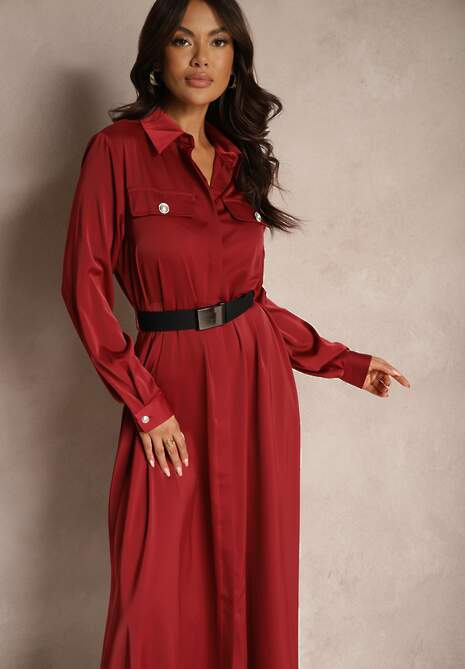 Bordowa Satynowa Sukienka w Stylu Szmizjerki z Imitacjami Kieszeni i Paskiem Vaminay