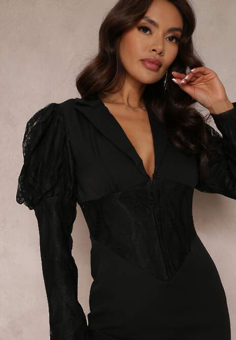 Czarna Taliowana Sukienka Koronkowa Terezilya