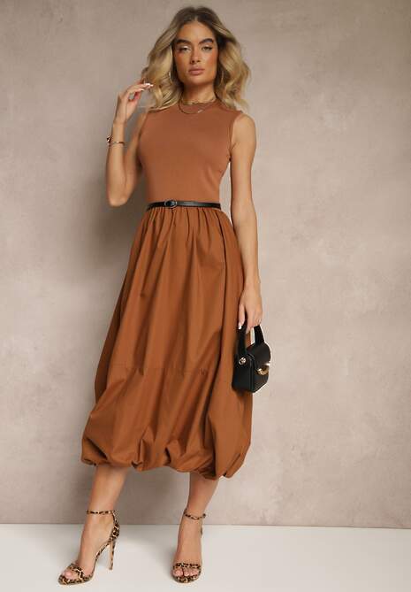 Brązowa Sukienka z Wiskozy o Fasonie Balloon z Eleganckim Paskiem z Klamerką Stelliia