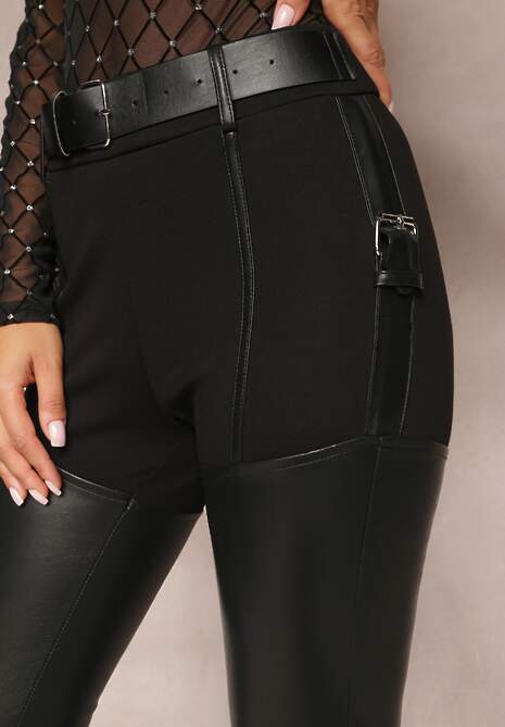 Czarne Spodnie Skinny z Imitacji Skóry i Paskiem Bisrattema