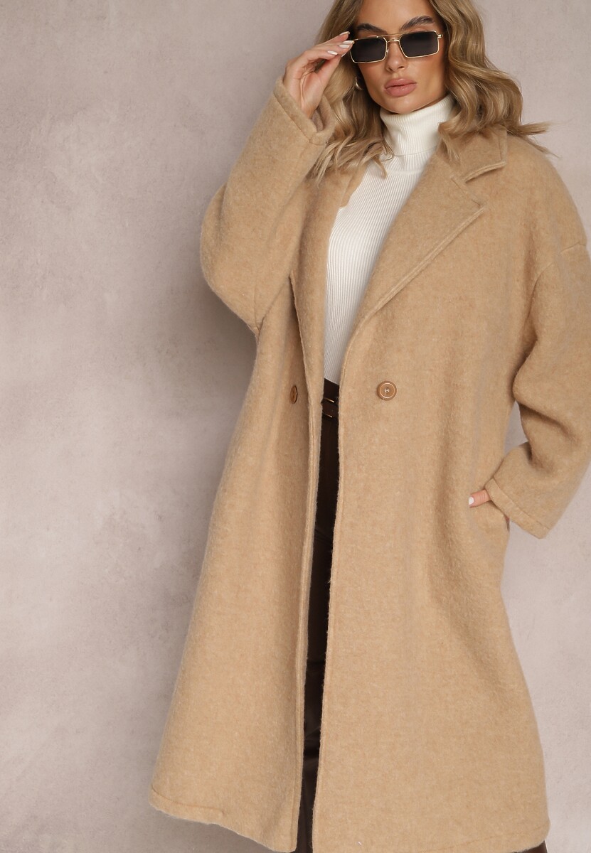 Beżowy Długi Płaszcz Jednorzędowy o Kroju Oversize Vlekoma