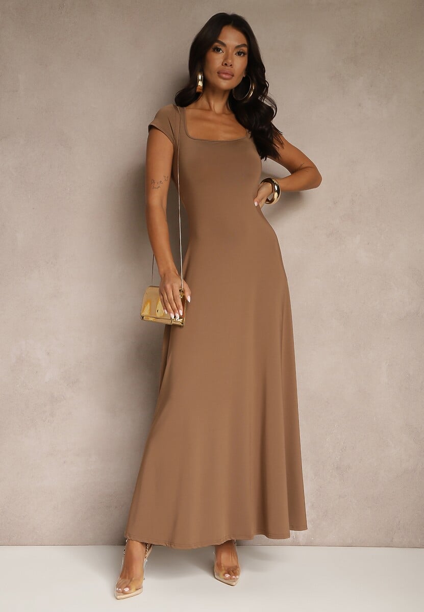Brązowa Rozkloszowana Sukienka z Wiskozą z Kwadratowym Dekoltem Nalorina
