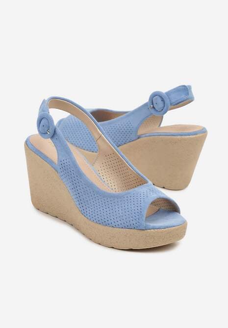 Niebieskie Sandały na Koturnie z Cholewką z Perforacją i Odkrytym Noskiem Aldonie