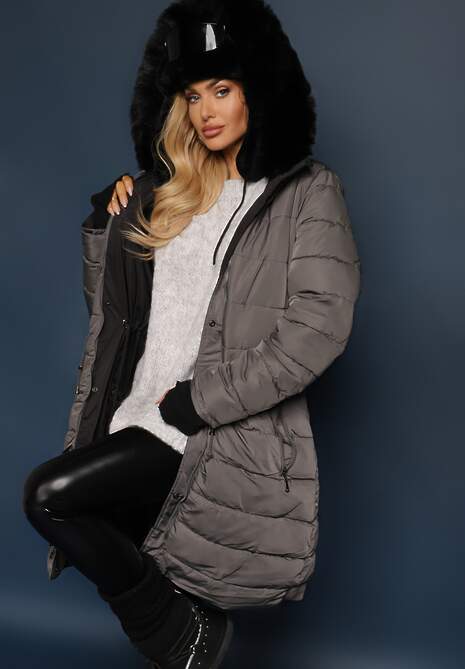 Szaro-Czarna Długa Kurtka Płaszcz o Dwustronnym Fasonie z Kapturem Astrae