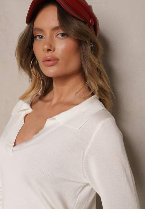 Biały Sweter z Wiskozą i Ozdobnym Kołnierzykiem Ceaola