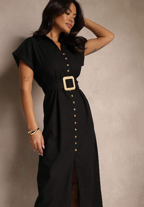 Czarna Koszulowa Sukienka z Bawełny na Krótki Rękaw z Materiałowym Paskiem Celirna