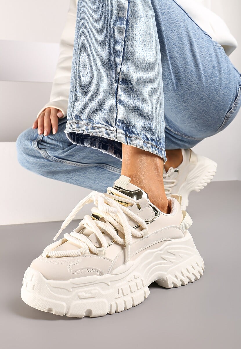 Beżowe Sneakersy z Podwójnymi Sznurówkami i Tłoczoną Platformą Luppoa