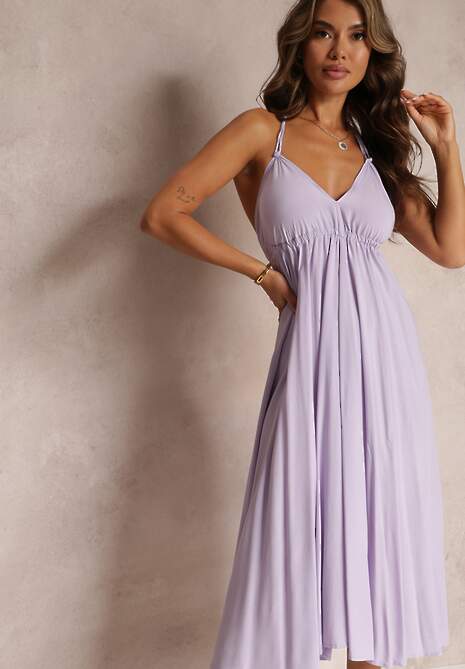 Fioletowa Sukienka Midi z Wiskozy i Wiązaniem na Szyi Alleve