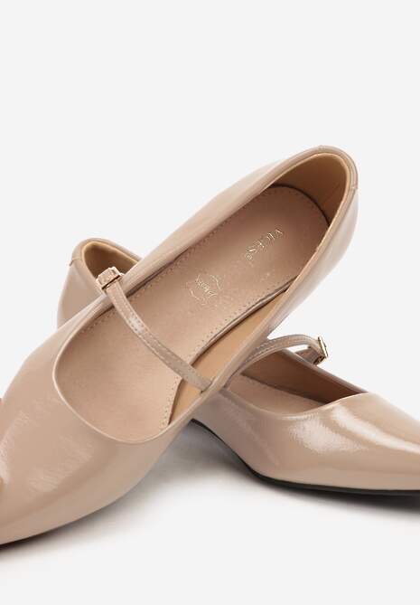 Ciemnobeżowe Balerinki Lakierowane Vices z Wkładką ze Skóry Naturalnej Ozdobione Paskiem Tikkie