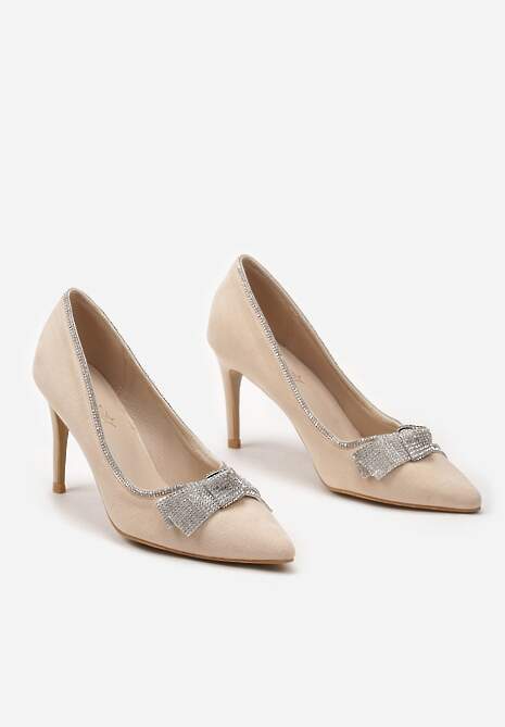 Beżowe Szpilki z Cyrkoniowymi Kokardami ze Szpiczastym Noskiem Crandia