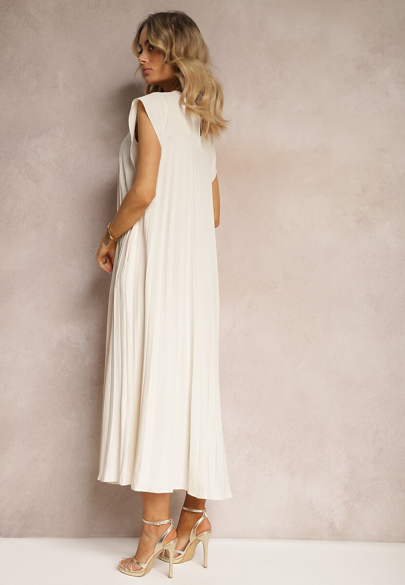 Beżowa Rozkloszowana Sukienka z Plisowaniem i Krótkim Rękawem Hevina