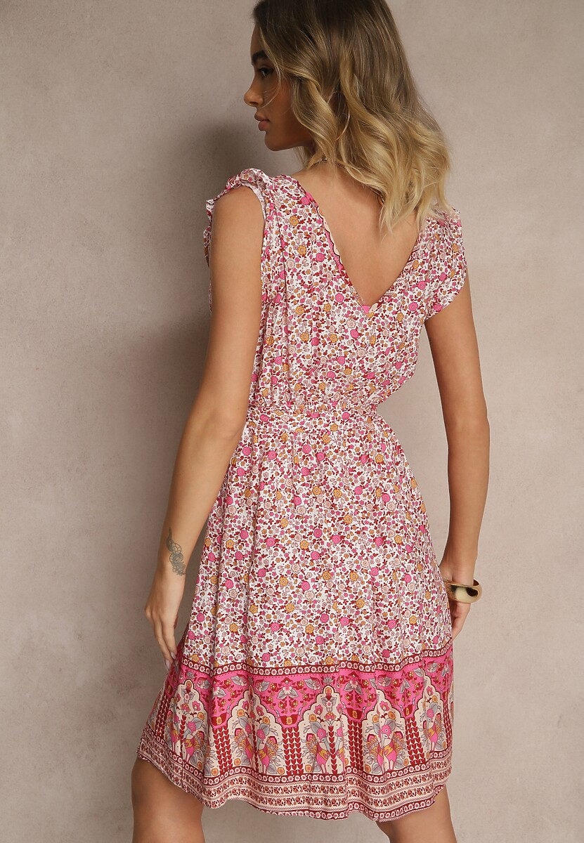 Różowa Rozkloszowana Sukienka z Wiskozy z Wiązanym Paskiem Sepelise