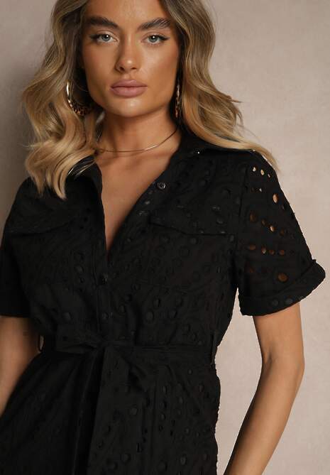 Czarna Ażurowa Sukienka Koszulowa Ozdobiona Paskiem Rinailia