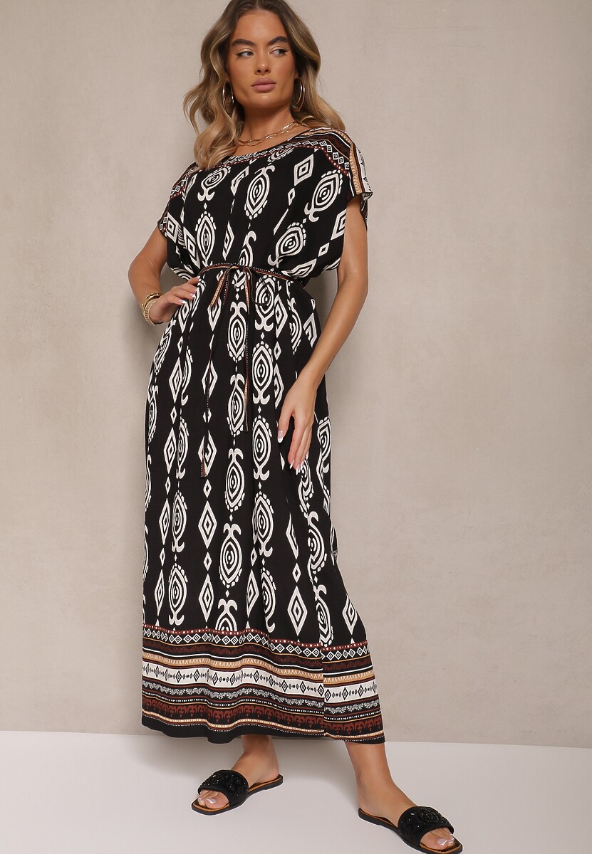Czarna Wiskozowa Sukienka o Pudełkowym Kroju w Etniczny Print Miriliana