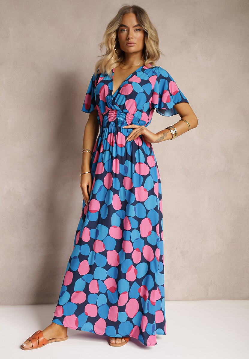 Niebiesko-Różowa Bawełniana Sukienka w Geometryczny Wzór z Kopertowym Dekoltem z Gumką w Pasie Fanelsea