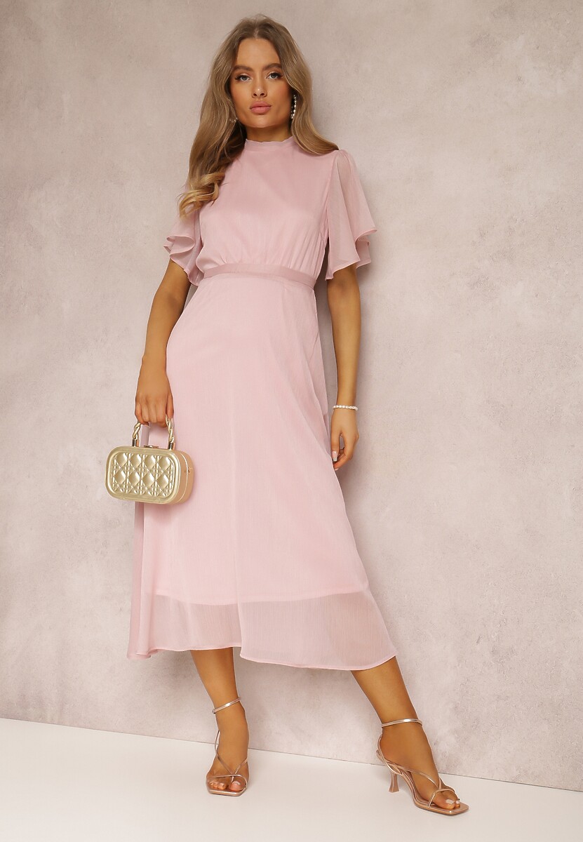 Różowa Rozkloszowana Sukienka z Odkrytymi Plecami i Wiązaniem Syrissis