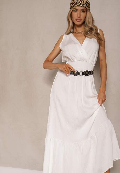 Biała Rozkloszowana Sukienka o Kopertowym Fasonie z Gumką w Talii Filadira