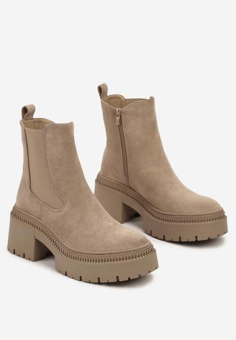 Ciemnobeżowe Botki na Słupku i Platformie Sztyblety Grunge z Elastyczną Cholewką Lericea