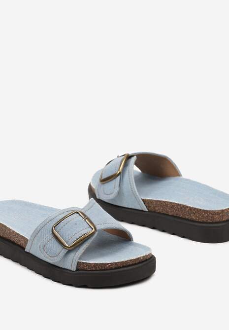 Niebieskie Jeansowe Klapki na Płaskiej Podeszwie z Szerokim Paskiem i Klamrą Humolia