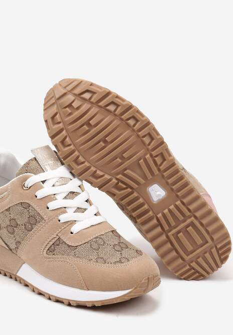 Beżowo-Różowe Sneakersy Ozdobione Wzorzystymi Wstawkami Halisna