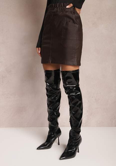 Ciemnobrązowa Dopasowana Spódnica Mini z Imitacji Skóry z Gumką w Talii i Kieszeniami Anishree