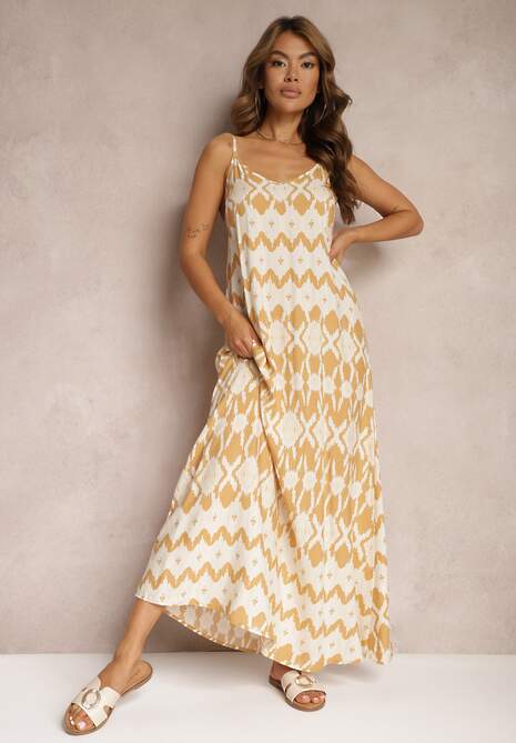 Beżowa Sukienka z Wiskozy na Ramiączkach o Rozkloszowanym Kroju i Geometrycznym Wzorze Xervidia