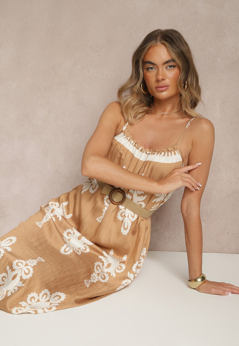 Czarna Rozkloszowana Sukienka na Ramiączkach w Ornamentalny Print Reveleine