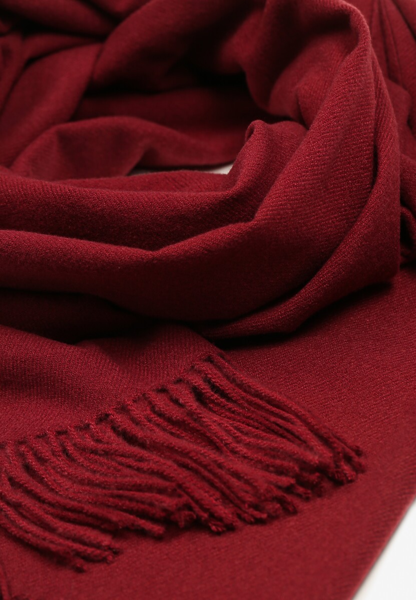 Bordowy Długi Szalik Wiskozowy z Wełną Ozdobiony Frędzlami Portina