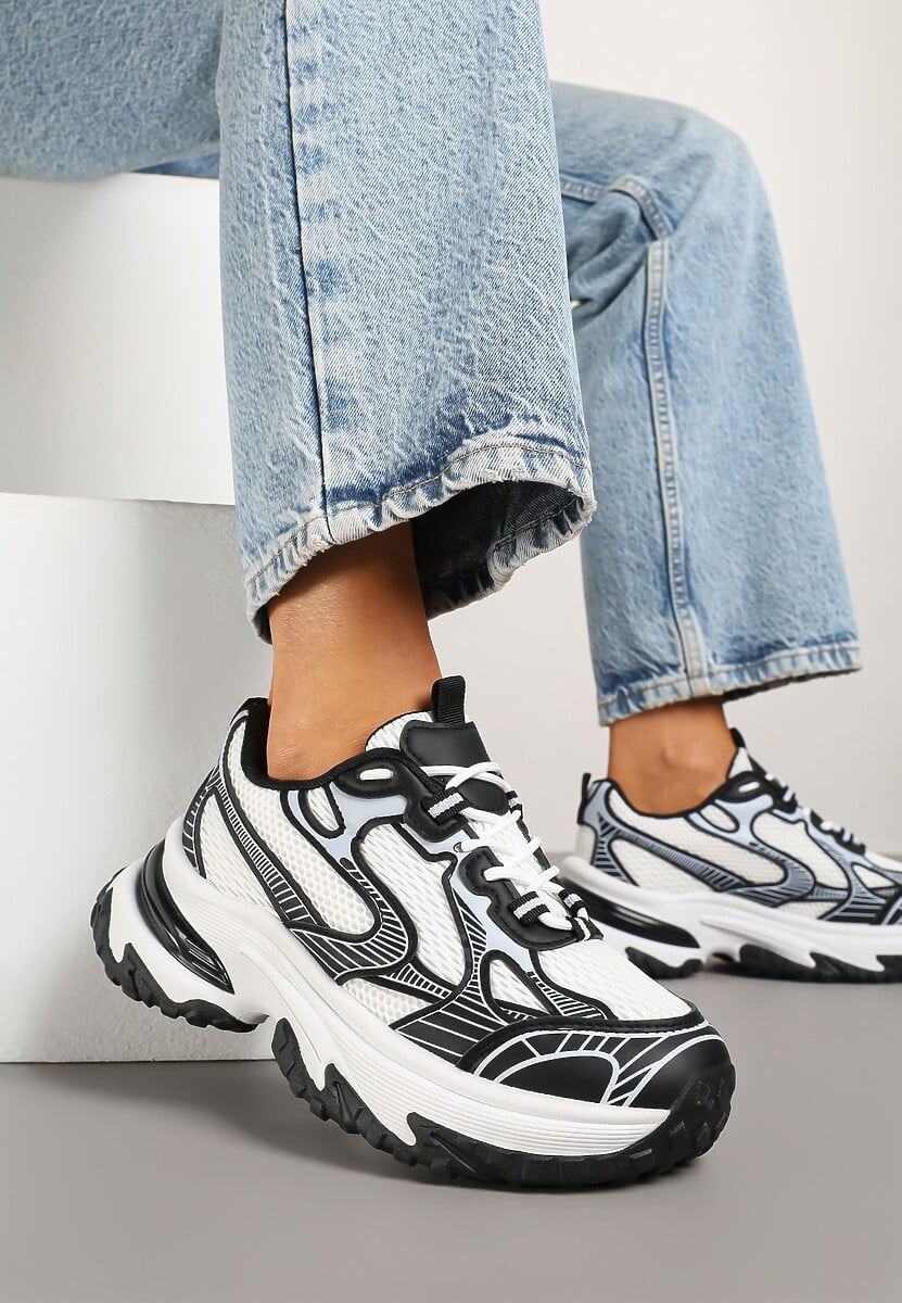 Czarne Sneakersy na Platformie z Geometrycznym Wzorem Mevriane