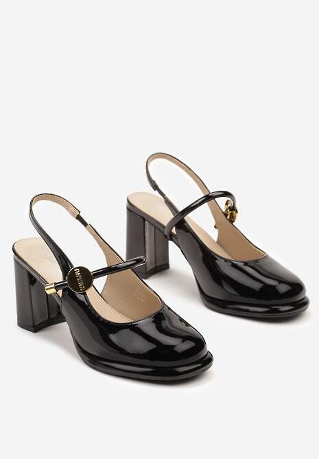 Czarne Czółenka Lakierowane na Słupku Slingback Ozdobione Metaliczną Aplikacją Falorin